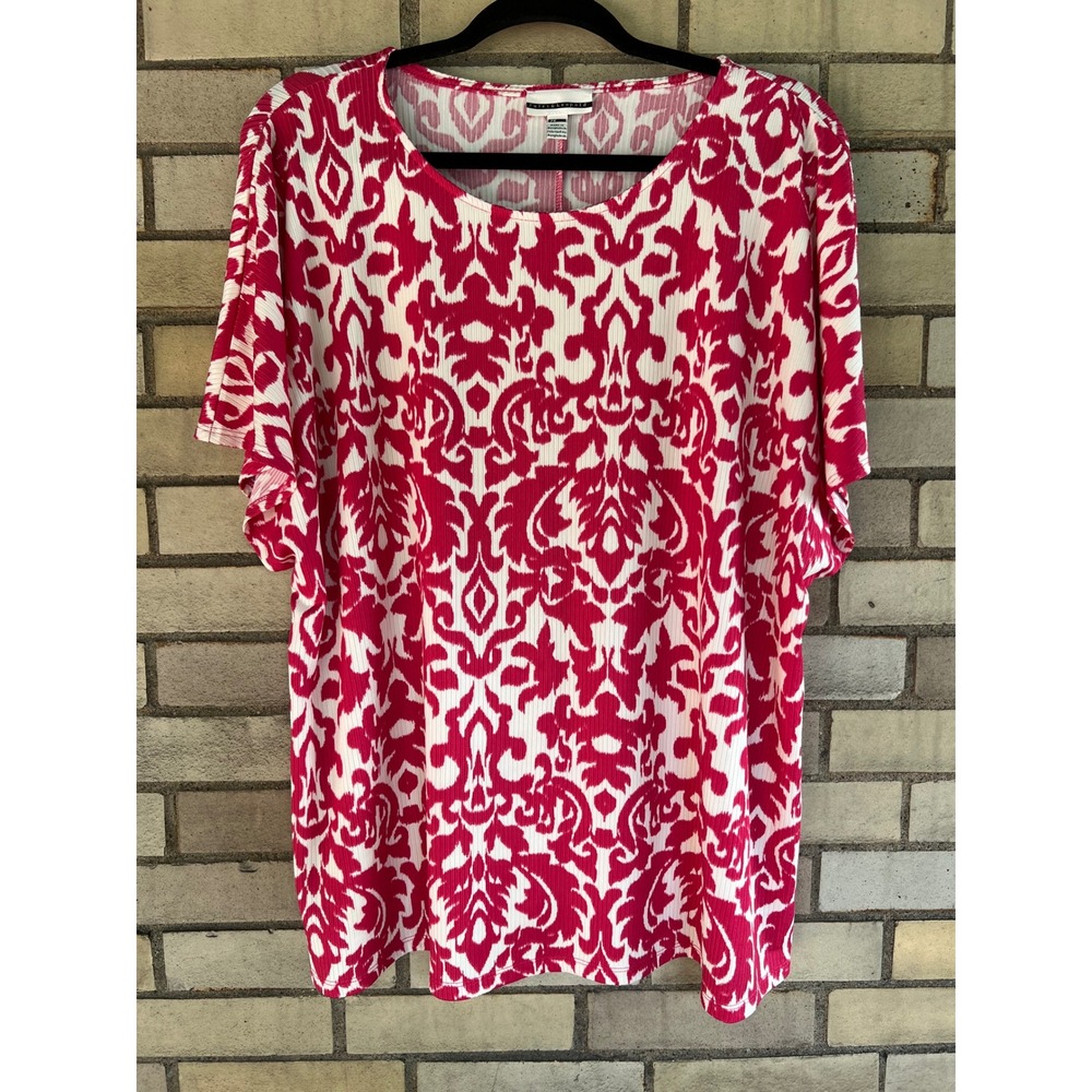 Jules & Leopold Pink White Damask Ribbed Short Sleeve Blouse Top Size 2X